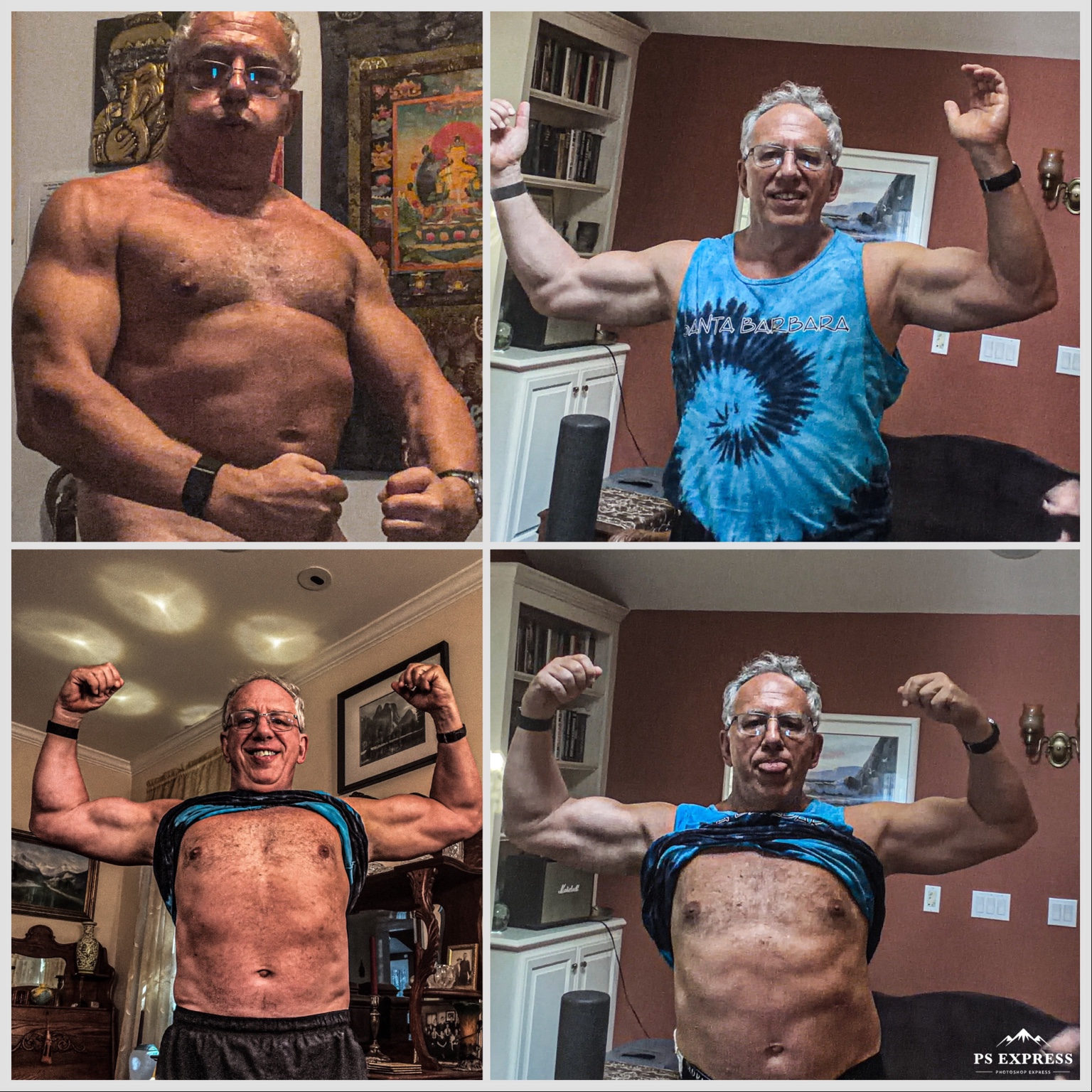 Two photos of Jordan Gruber flexing his arms, shirtless and in a blue Santa Barbara tank top